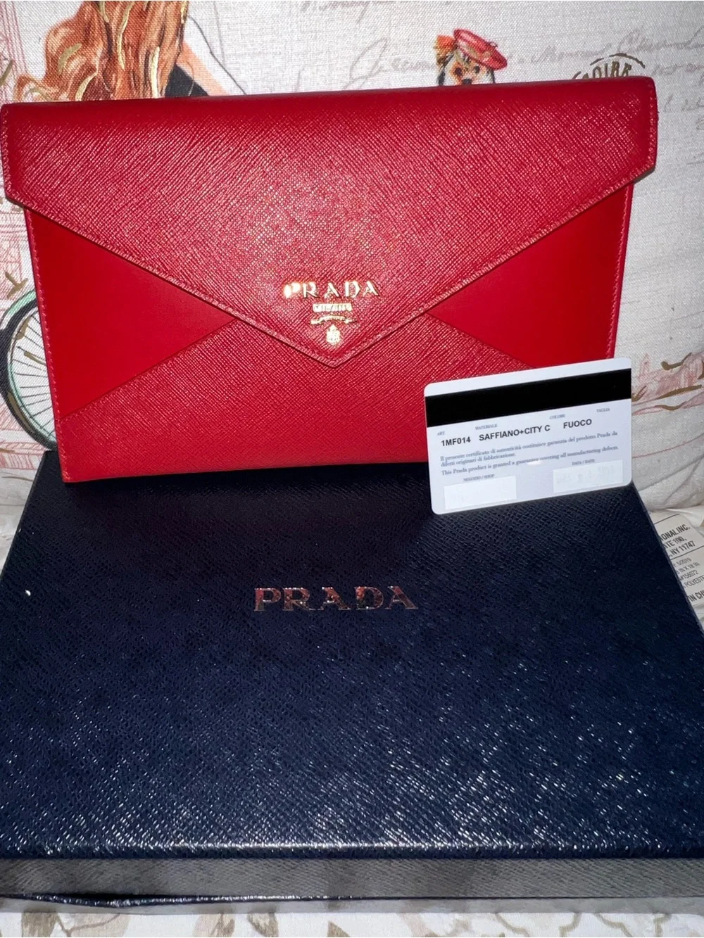 Prada Red Saffiano Envelope Clutch with Gold Logo